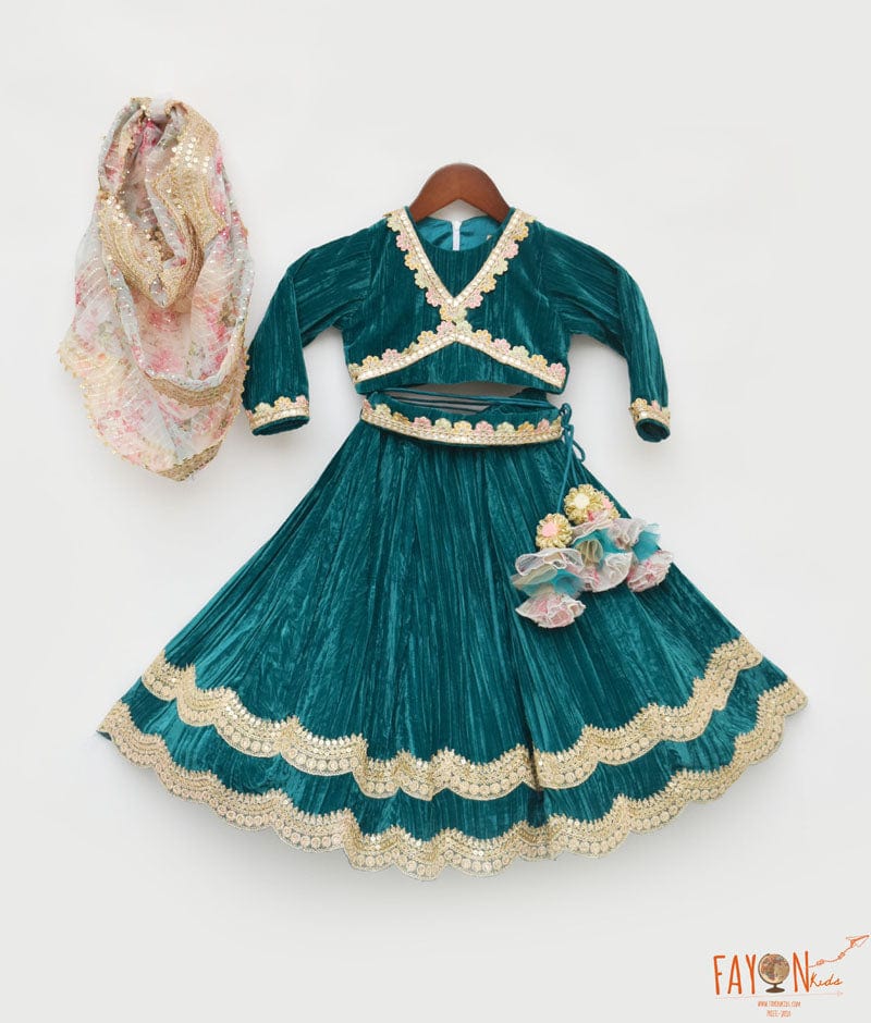 Manufactured by FAYON KIDS (Noida, U.P) Green crikle velvet lehenga choli for Girls