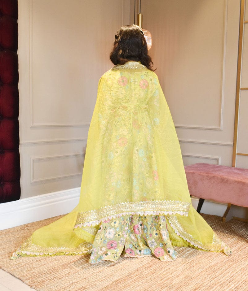 Manufactured by FAYON KIDS (Noida, U.P) Green Embroidery Flaired Pant with Organza Cape for Girls