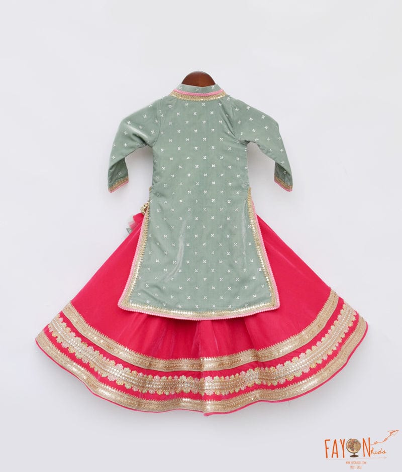Manufactured by FAYON KIDS (Noida, U.P) Green Embroidery long Jacket with Lehenga for Girls