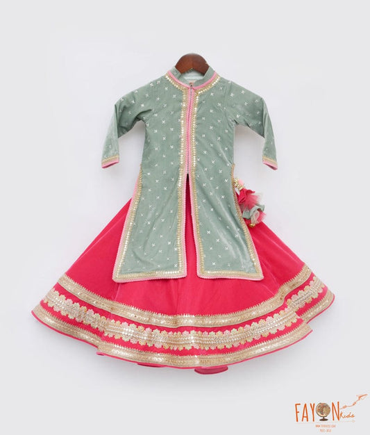 Manufactured by FAYON KIDS (Noida, U.P) Green Embroidery long Jacket with Lehenga for Girls