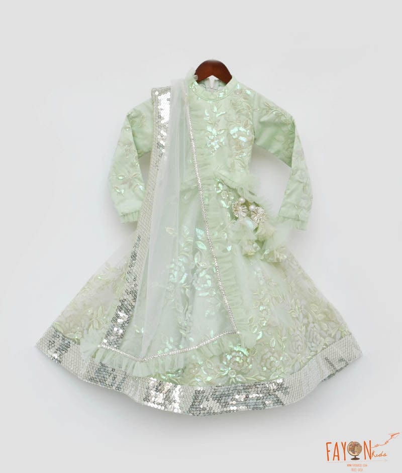 Manufactured by FAYON KIDS (Noida, U.P) Green Embroidery Net Anarkali for Girls