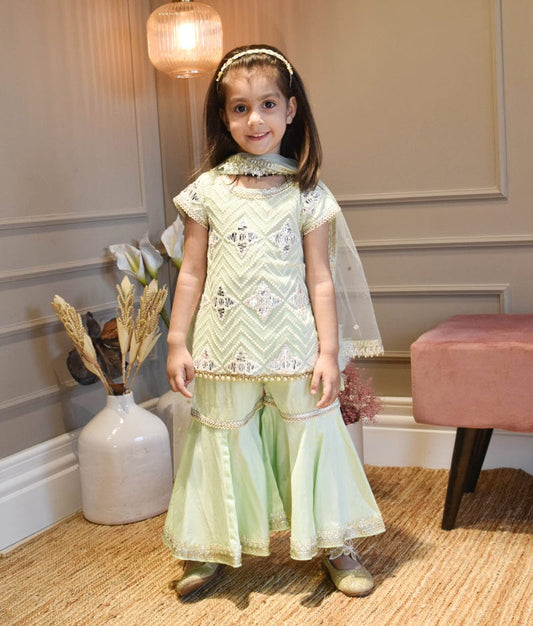 Manufactured by FAYON KIDS (Noida, U.P) Green Gotta Embroidery Kurti Sharara for Girls