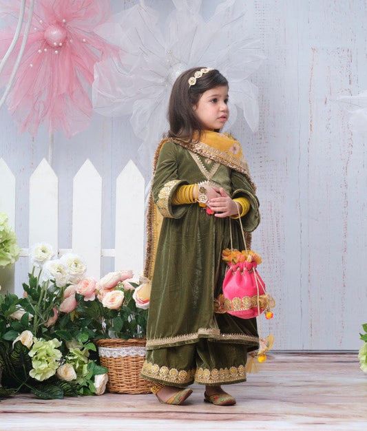 Manufactured by FAYON KIDS (Noida, U.P) Green Velvet Kurti and Plazo Pant for Girls