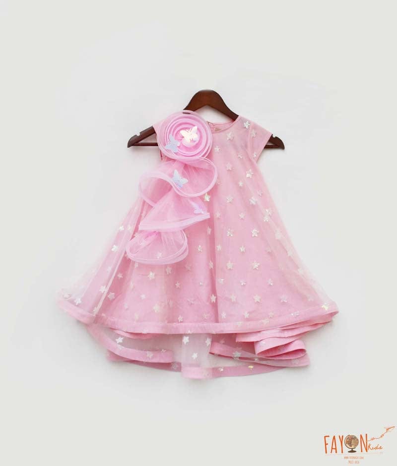 Manufactured by FAYON KIDS (Noida, U.P) High Low Pink Star Net  Dress for Girls