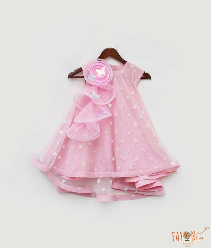 Manufactured by FAYON KIDS (Noida, U.P) High Low Pink Star Net  Dress for Girls