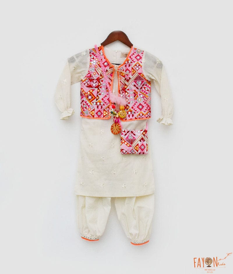 Manufactured by FAYON KIDS (Noida, U.P) Kurti And Pant Set With Multi Colored Embroidery Jacket for Girls