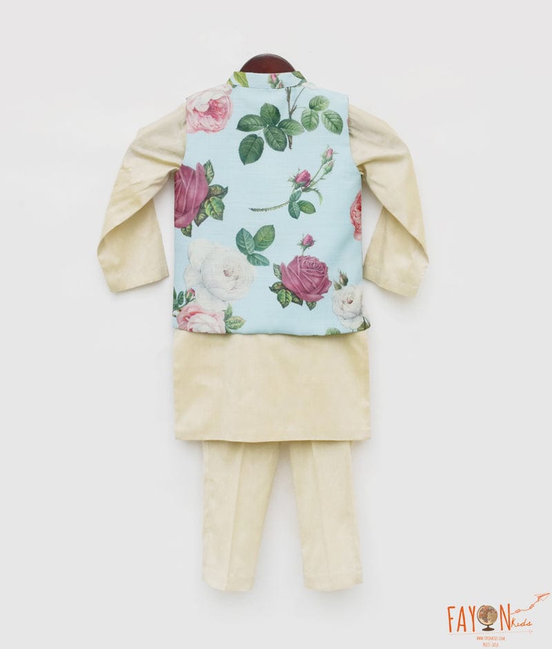 Manufactured by FAYON KIDS (Noida, U.P) Light Fawn Kurta & Pant Set with Blue Floral Printed Jacket for Boys