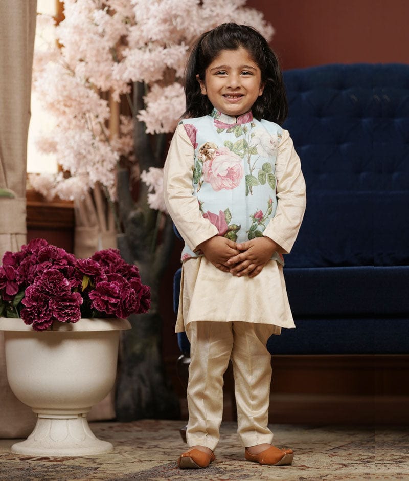 Manufactured by FAYON KIDS (Noida, U.P) Light Fawn Kurta & Pant Set with Blue Floral Printed Jacket for Boys