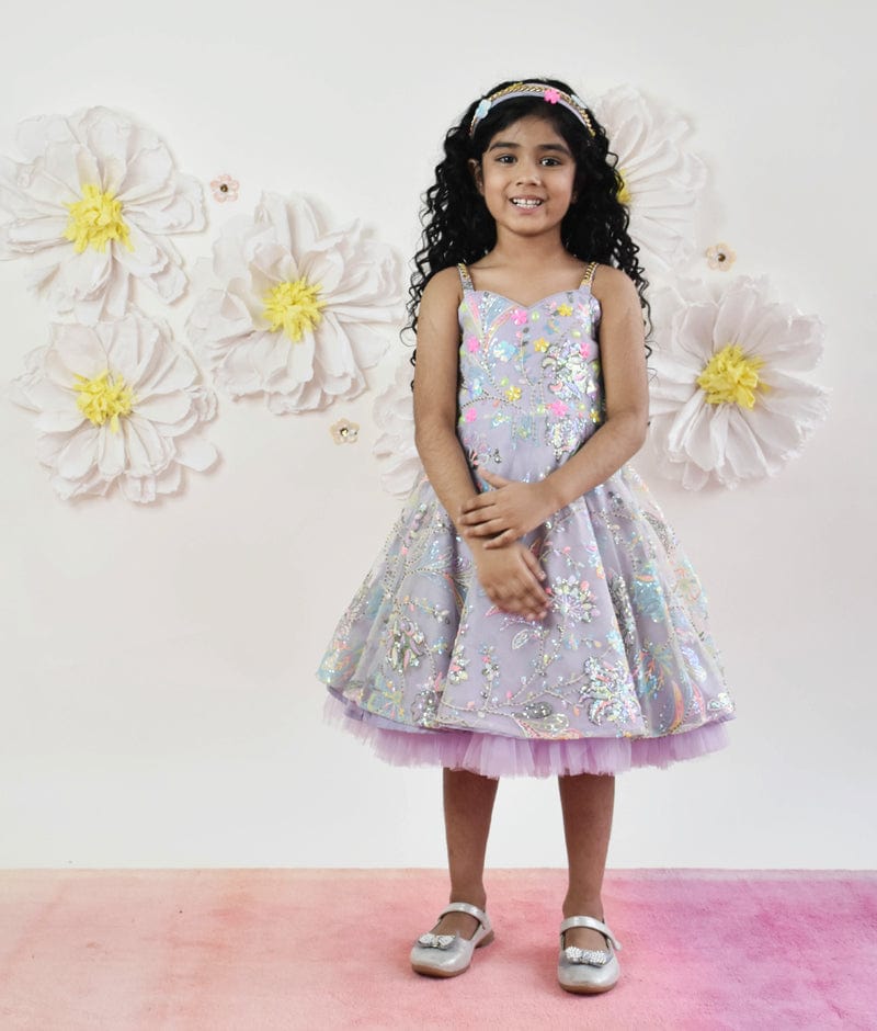 Manufactured by FAYON KIDS (Noida, U.P) Lilac Sequins Embroidery Dress for Girls