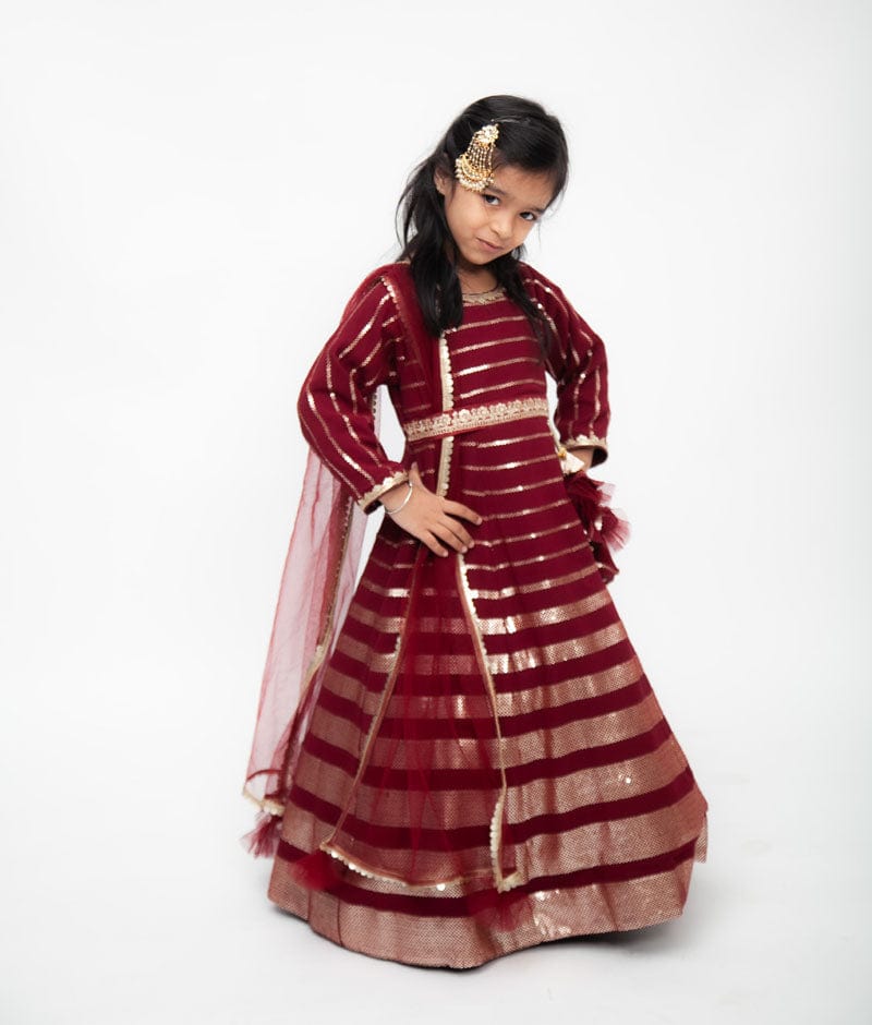 Manufactured by FAYON KIDS (Noida, U.P) Maroon Sequins Georgette Embroidery Anarkali with Net Dupatta for Girls