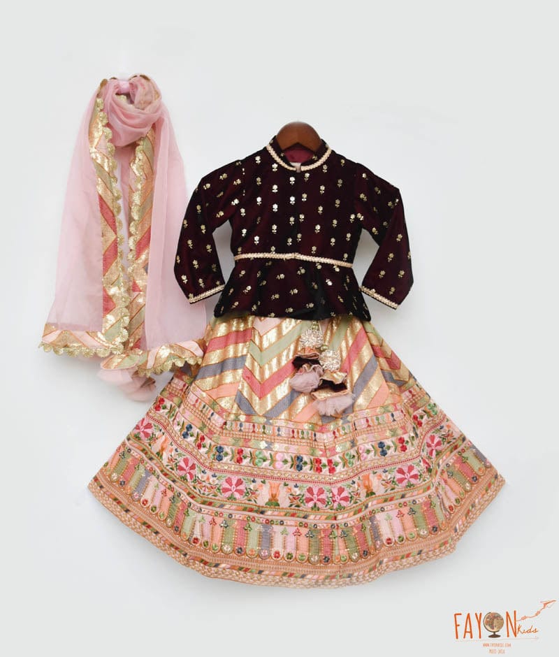 Manufactured by FAYON KIDS (Noida, U.P) Maroon Velvet Peplum and Peach Embroidery Lehenga Dupatta for Girls