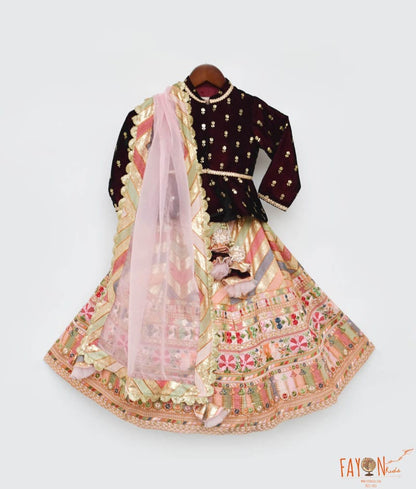 Manufactured by FAYON KIDS (Noida, U.P) Maroon Velvet Peplum and Peach Embroidery Lehenga Dupatta for Girls