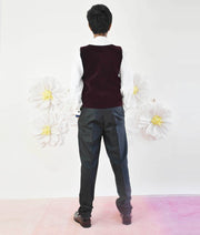 Manufactured by FAYON KIDS (Noida, U.P) Maroon Velvet Waist Coat with White Shirt and Black Pant for Boys