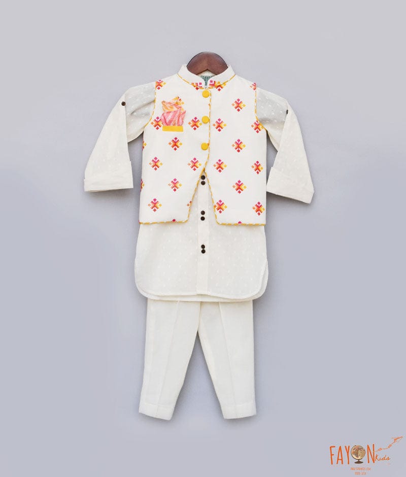 Manufactured by FAYON KIDS (Noida, U.P) Nehru Jacket And Kurta Pant with Multi Colour Booti for Boys