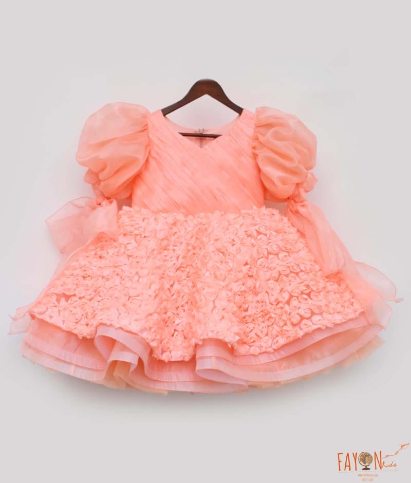Manufactured by FAYON KIDS (Noida, U.P) Neon Peach Flower Frock for Girls