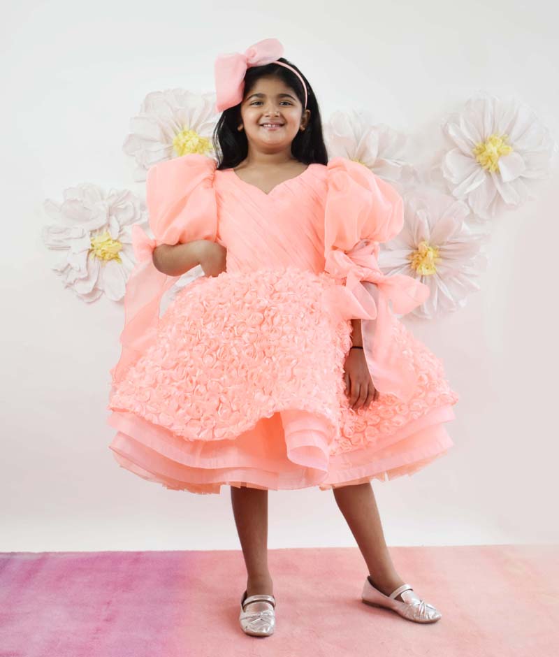 Manufactured by FAYON KIDS (Noida, U.P) Neon Peach Flower Frock for Girls
