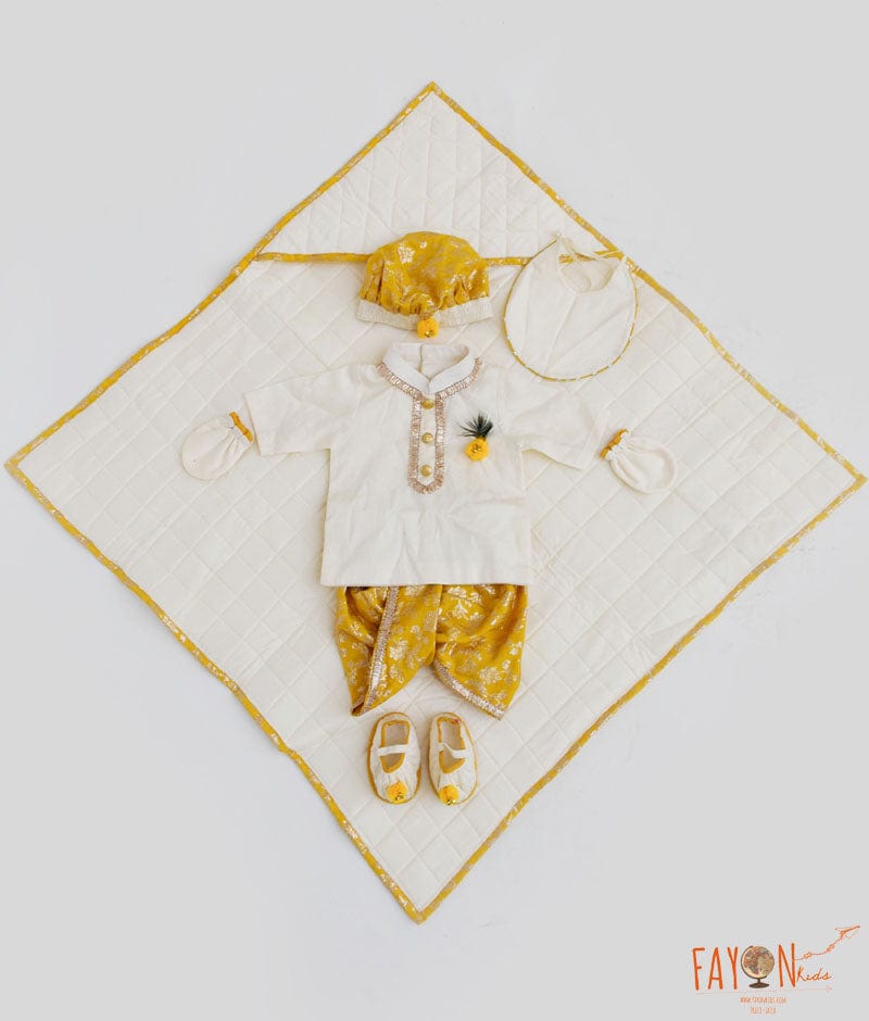 Manufactured by FAYON KIDS (Noida, U.P) Off white and Yellow Jamna Set for Boys