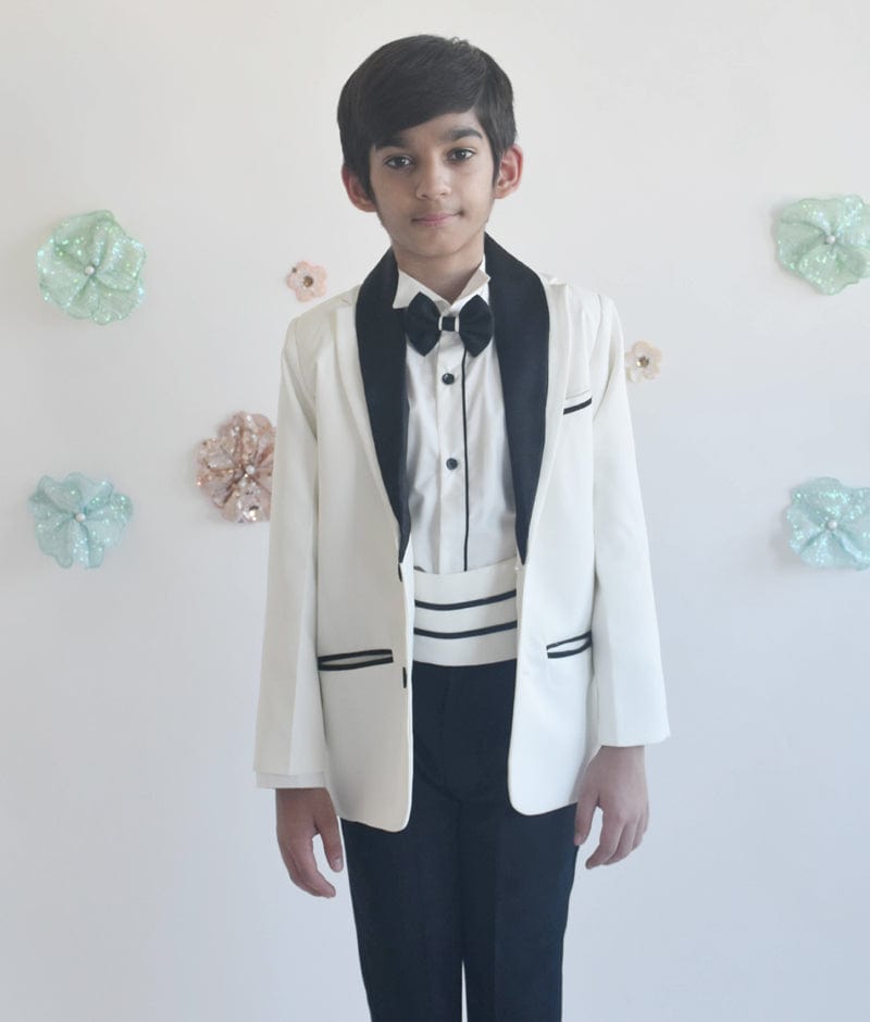 Manufactured by FAYON KIDS (Noida, U.P) Off white Coat with Shirt and Black Pant for Boys