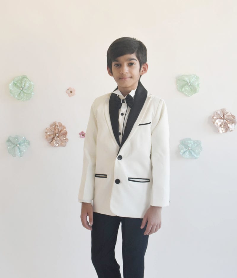 Manufactured by FAYON KIDS (Noida, U.P) Off white Coat with Shirt and Black Pant for Boys