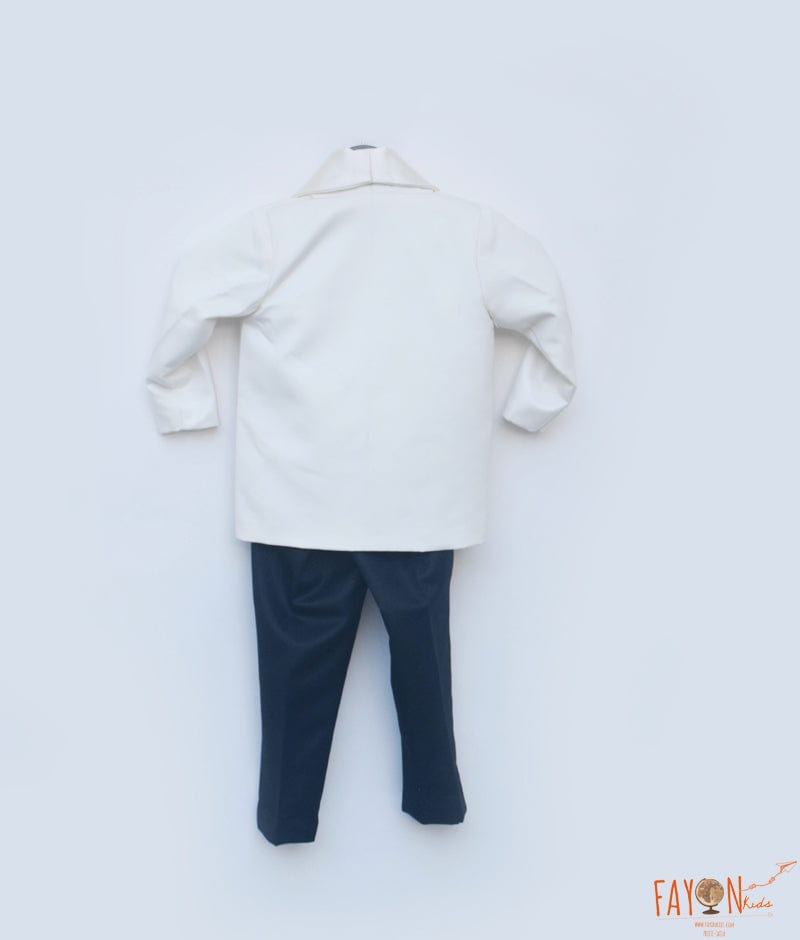 Manufactured by FAYON KIDS (Noida, U.P) Off white Coat with Shirt and Black Pant set for Boys