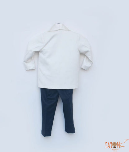 Manufactured by FAYON KIDS (Noida, U.P) Off white Coat with Shirt and Black Pant set for Boys