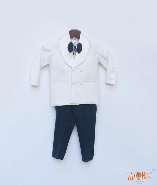 Manufactured by FAYON KIDS (Noida, U.P) Off white Coat with Shirt and Black Pant set for Boys