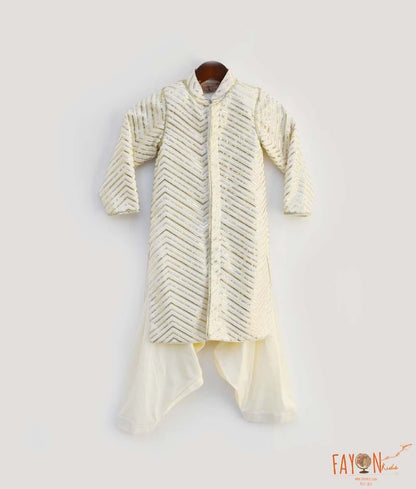 Manufactured by FAYON KIDS (Noida, U.P) Off white Embroidery Achkan with Salwar for Boys