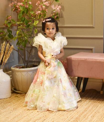 Manufactured by FAYON KIDS (Noida, U.P) Off white Embroidery Net Lehenga and Organza Frill Choli for Girls