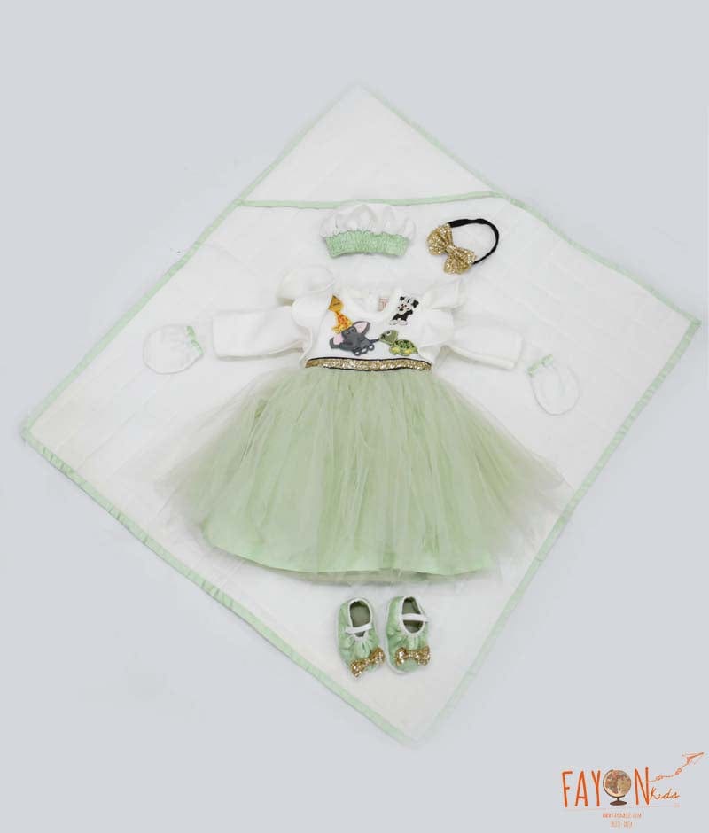 Manufactured by FAYON KIDS (Noida, U.P) Off white Neoprene Green Net Jamna Set for Girls