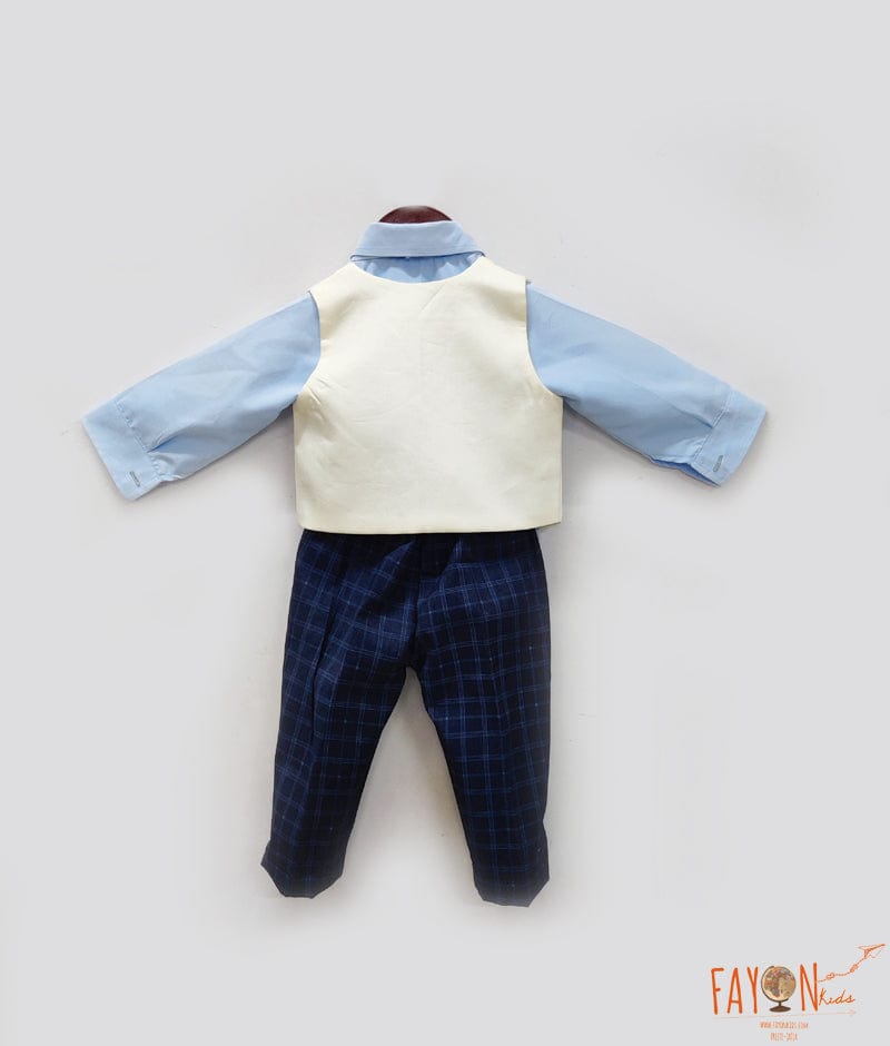 Manufactured by FAYON KIDS (Noida, U.P) Off white Waist Coat and Blue Shirt Pant for Boys