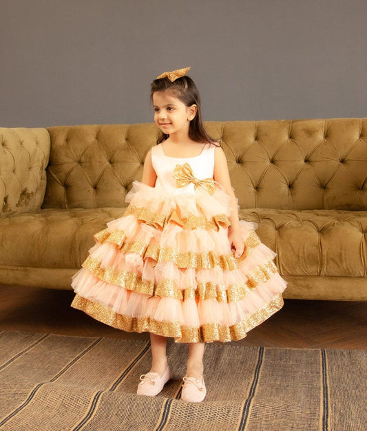 Manufactured by FAYON KIDS (Noida, U.P) Peach Golden Net Dress for Girls