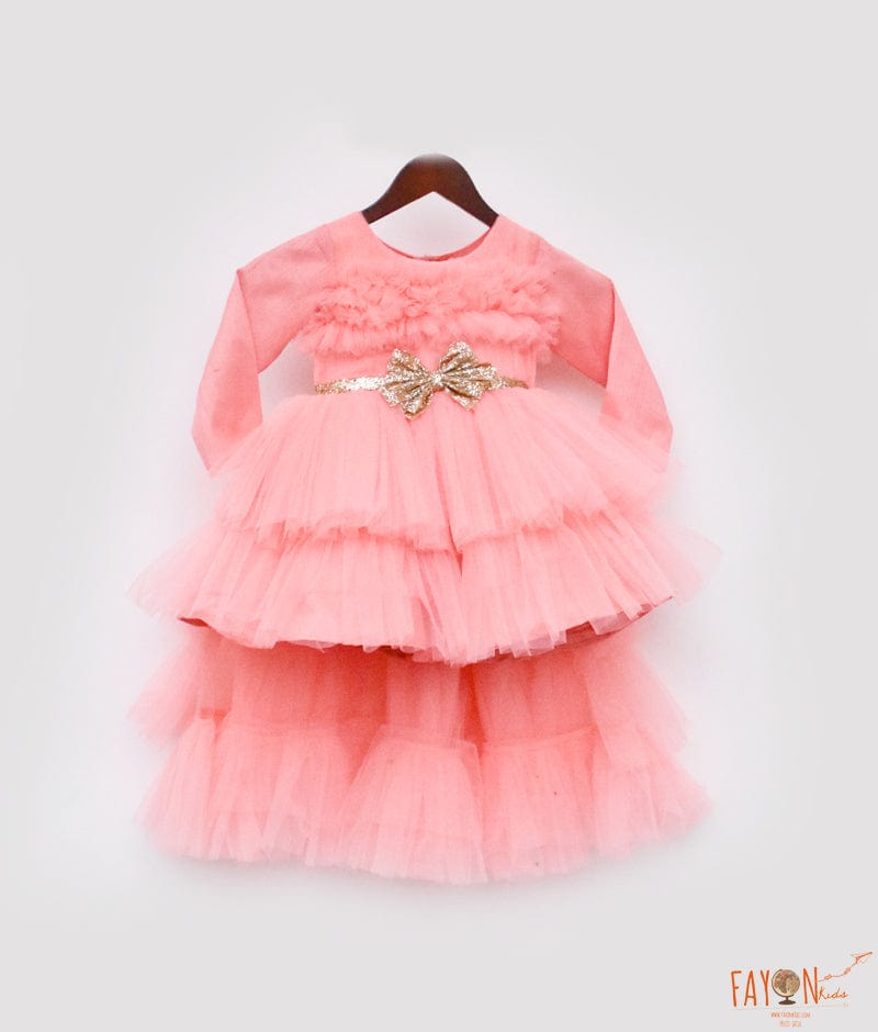 Manufactured by FAYON KIDS (Noida, U.P) Peach Net High Low Dress for Girls