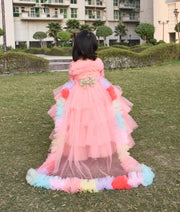 Manufactured by FAYON KIDS (Noida, U.P) Peach Net High Low Dress with Trail for Girls