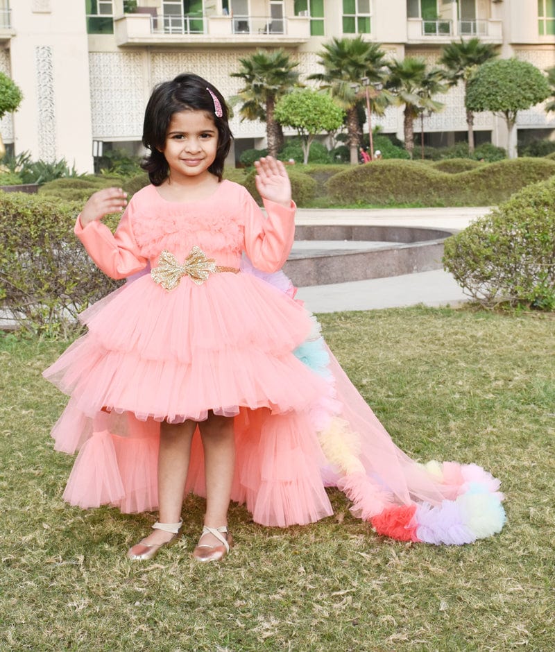 Manufactured by FAYON KIDS (Noida, U.P) Peach Net High Low Dress with Trail for Girls