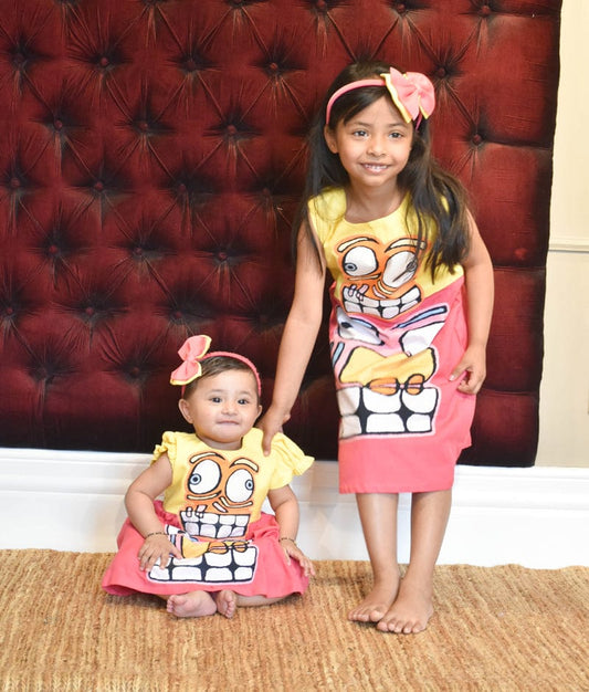 Manufactured by FAYON KIDS (Noida, U.P) Pink and Yellow Linen Dress for Girls