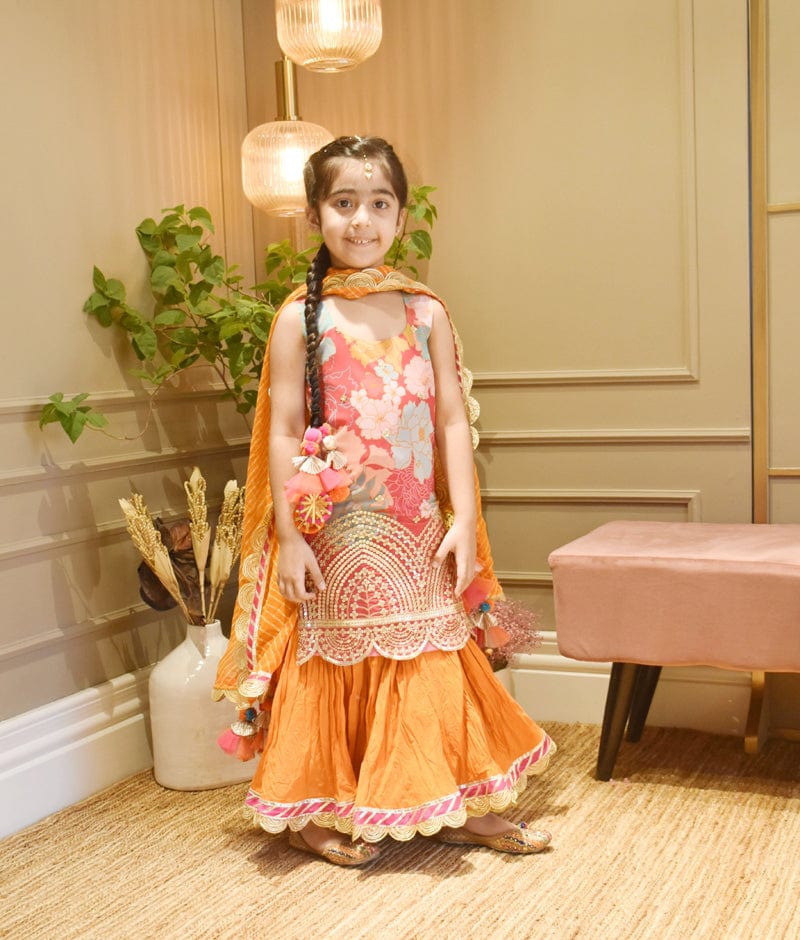 Manufactured by FAYON KIDS (Noida, U.P) Pink Georgette Print Kurti and Orange Ghagraa with Dupatta for Girls