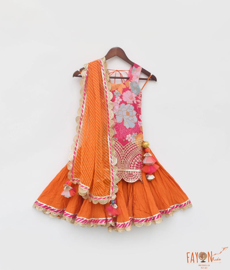 Manufactured by FAYON KIDS (Noida, U.P) Pink Georgette Print Kurti and Orange Ghagraa with Dupatta for Girls