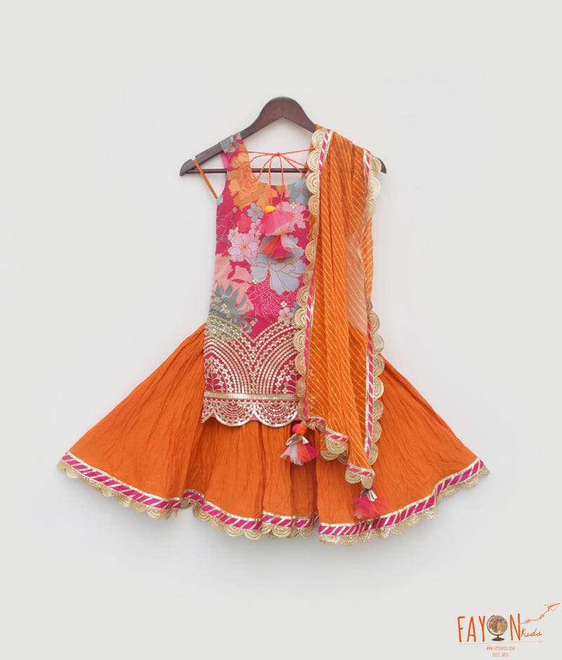 Manufactured by FAYON KIDS (Noida, U.P) Pink Georgette Print Kurti and Orange Ghagraa with Dupatta for Girls