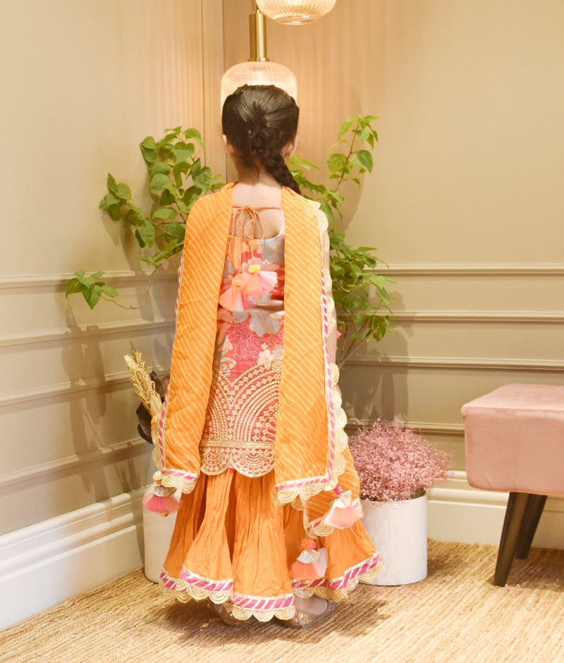 Manufactured by FAYON KIDS (Noida, U.P) Pink Georgette Print Kurti and Orange Ghagraa with Dupatta for Girls