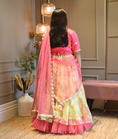 Manufactured by FAYON KIDS (Noida, U.P) Pink Organza Choli and Yellow Net Embroidery Lehenga for Girls