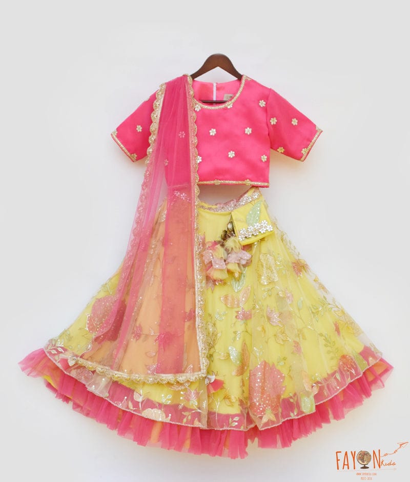 Manufactured by FAYON KIDS (Noida, U.P) Pink Organza Choli and Yellow Net Embroidery Lehenga for Girls