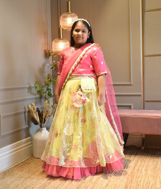 Manufactured by FAYON KIDS (Noida, U.P) Pink Organza Choli and Yellow Net Embroidery Lehenga for Girls