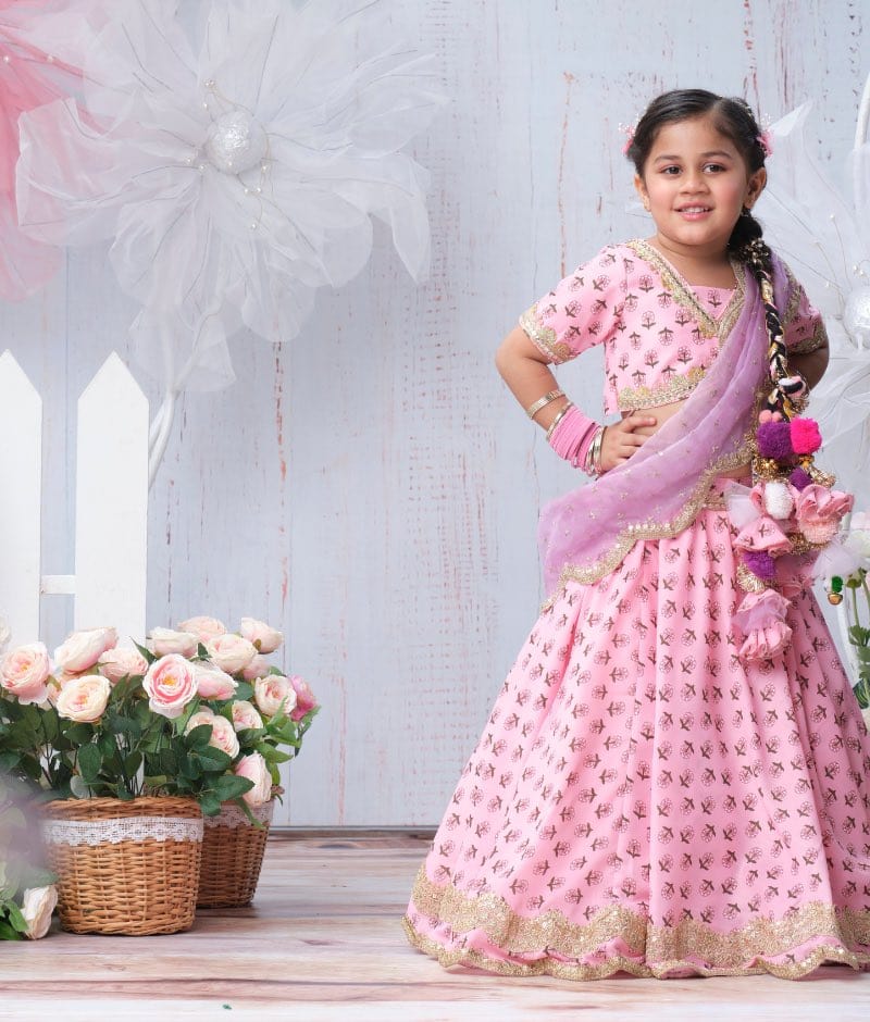 Pink Printed Lehenga Choli and Organza Dupatta for Girls