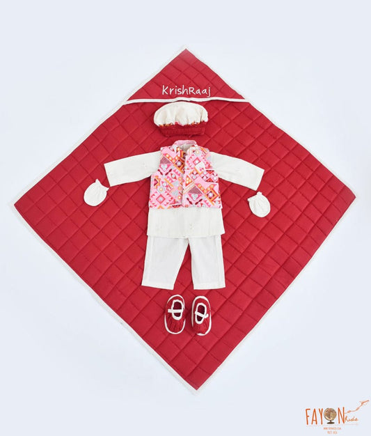Manufactured by FAYON KIDS (Noida, U.P) Pink Thread Embroidery Jacket and self Embroidery Kurta Pant Jamna Set for Boys