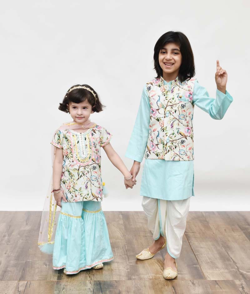 Manufactured by FAYON KIDS (Noida, U.P) Pista Green & Blue Printed Sharara Set With Kurti for Girls