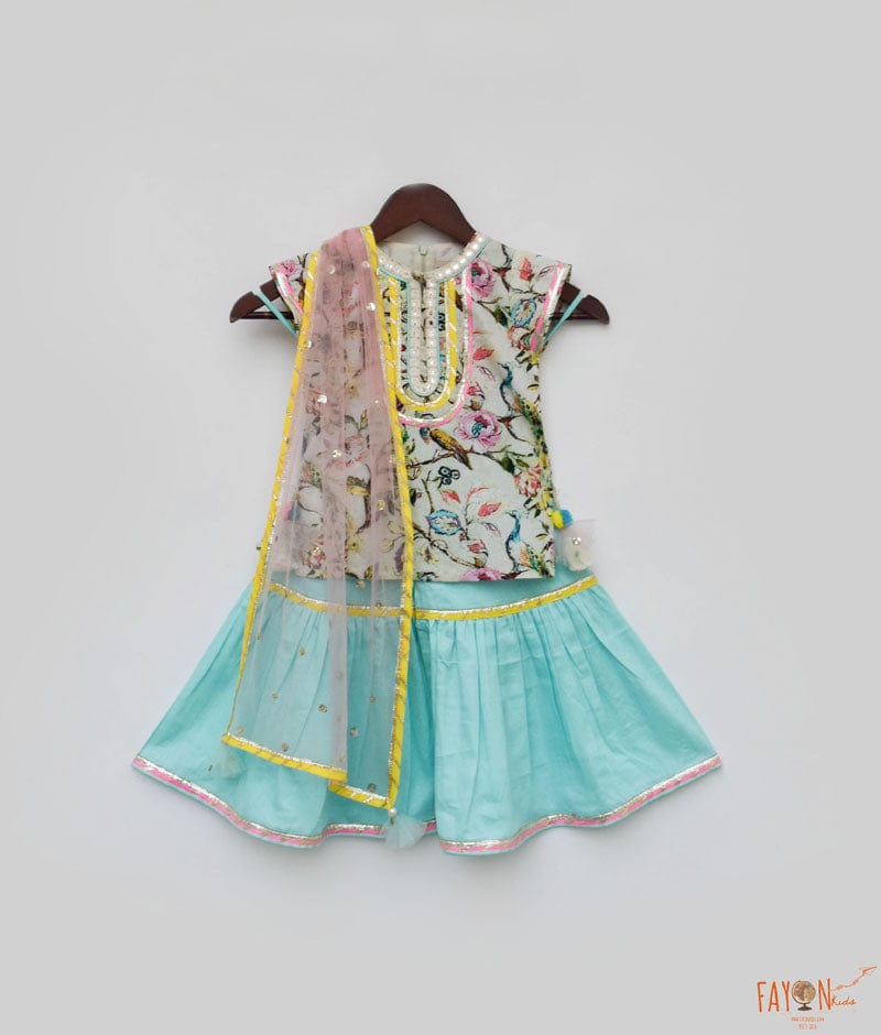 Manufactured by FAYON KIDS (Noida, U.P) Pista Green & Blue Printed Sharara Set With Kurti for Girls