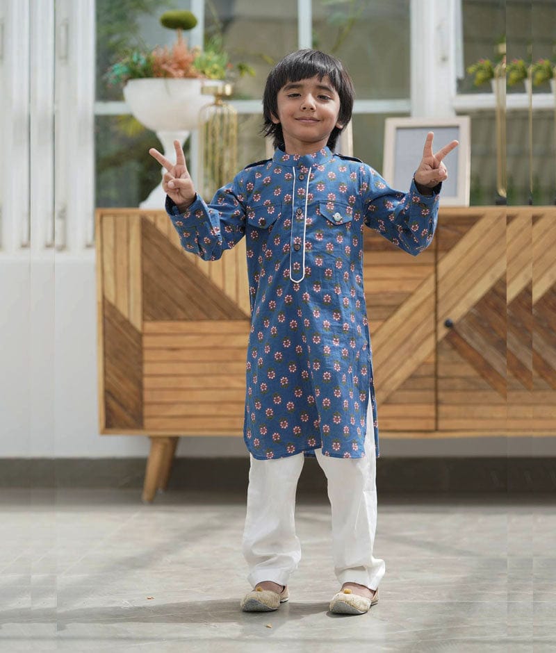 Manufactured by FAYON KIDS (Noida, U.P) Printed Blue Kurta and Pant Set for Boys