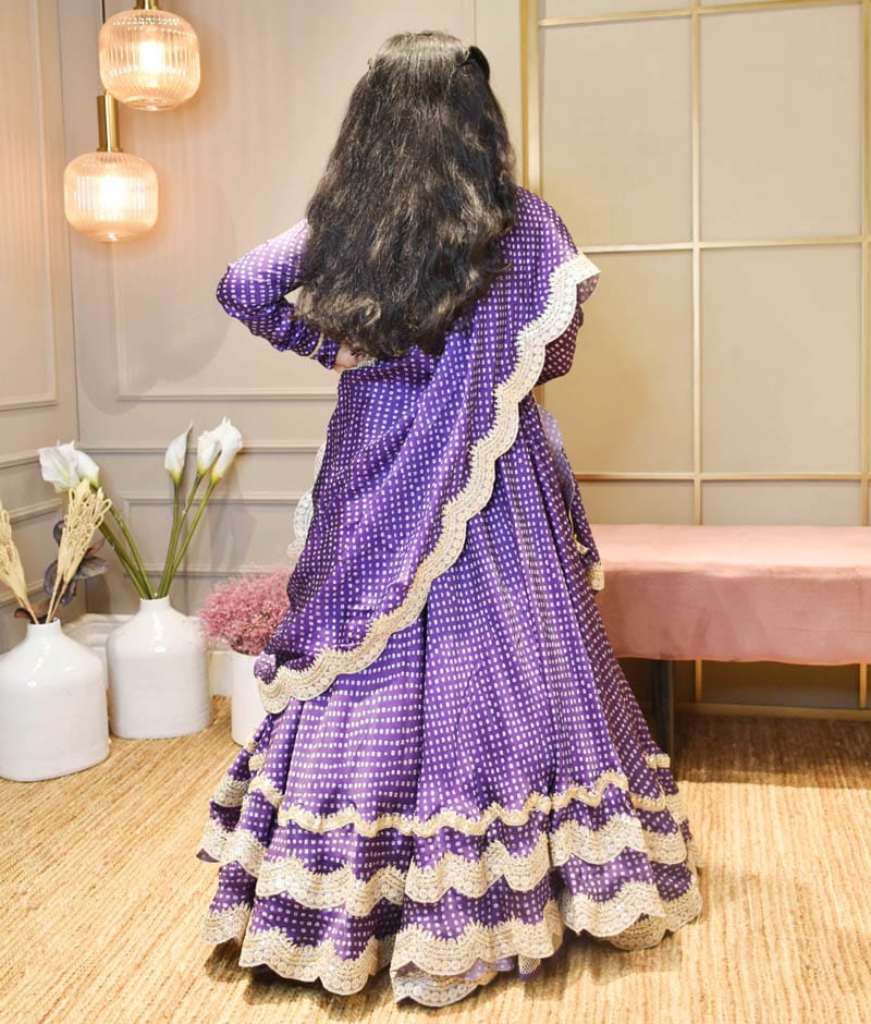 Manufactured by FAYON KIDS (Noida, U.P) Purple Bandhej Scalup Lehenga Choli and Dupatta for Girls