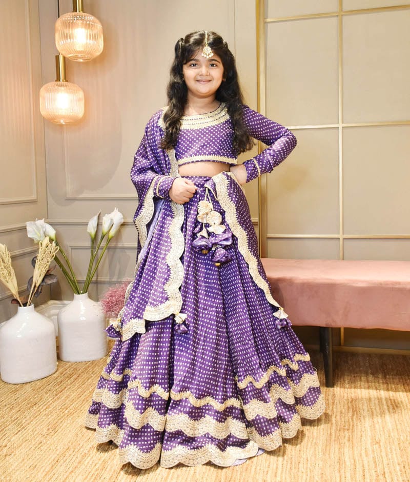 Manufactured by FAYON KIDS (Noida, U.P) Purple Bandhej Scalup Lehenga Choli and Dupatta for Girls