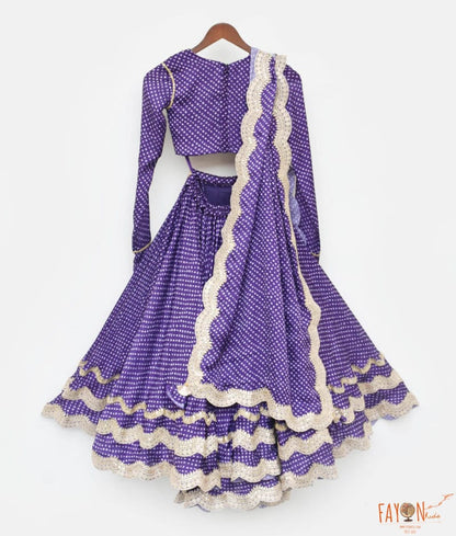 Manufactured by FAYON KIDS (Noida, U.P) Purple Bandhej Scalup Lehenga Choli and Dupatta for Girls